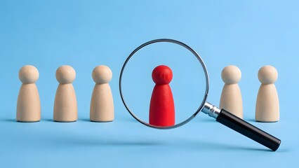 Obraz premium Talent acquisition recruitment concept showing a magnifying glass focusing on a unique red employee figure among a crowd