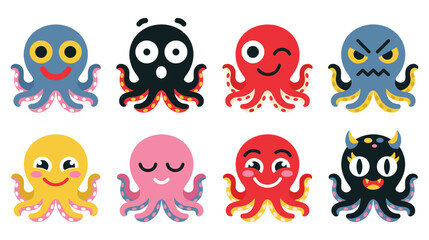 Cute happy cartoon octopus characters with various emotions and expressions. © MdJubayer
