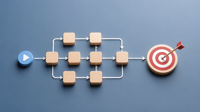 Action plan execution strategy showing a play button initiating a step by step workflow towards a target goal