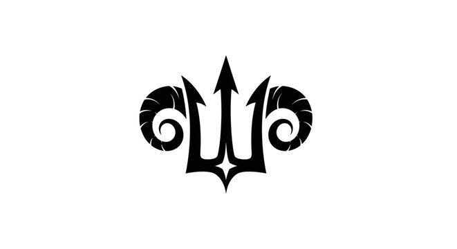Minimalist black trident and ram horn logo on white background