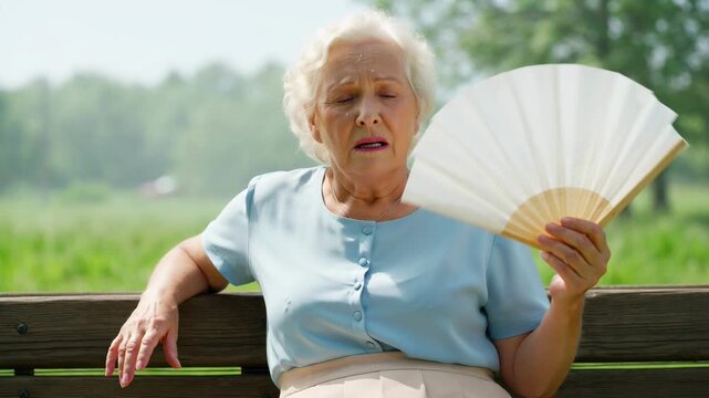 Elderly woman sitting on wooden bench in park using hand fan to cool herself during hot summer weather. Outdoor scene of senior lady coping with heat wave.
