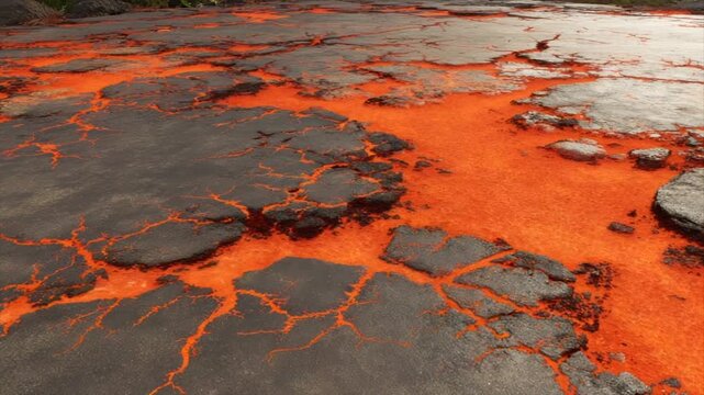 A textured expanse of hardened, cracked rock interwoven with flowing, molten orange lava