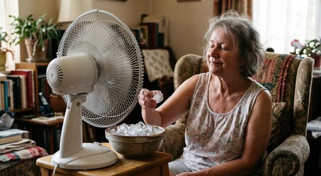 Elderly woman cooling down in front of electric fan with bowl of ice. Senior person experiencing heatwave relief. Domestic room comfort during hot summer day.