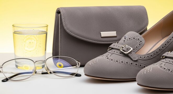 Elegant gray fashion accessories featuring handbag, loafers, eyeglasses, and a refreshing drink, arranged in a sophisticated lifestyle product display