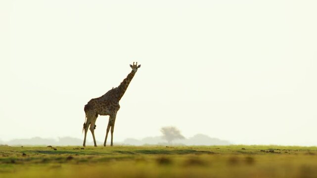 A wide angle view of an African Giraffe standing still at Chobe National Park, Botswana, South Africa. 