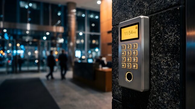 Modern metallic keypad security device mounted on a textured stone wall featuring an illuminated digital display for controlled office building access during the late night hours