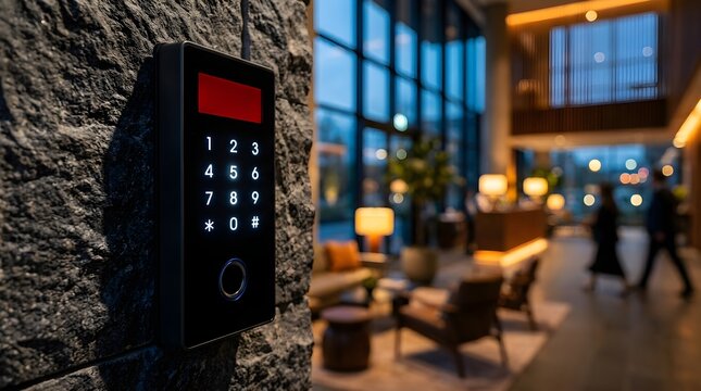 Modern digital keypad mounted on a textured stone wall for secure office building access control with glowing white numbers and a sleek black glossy finish