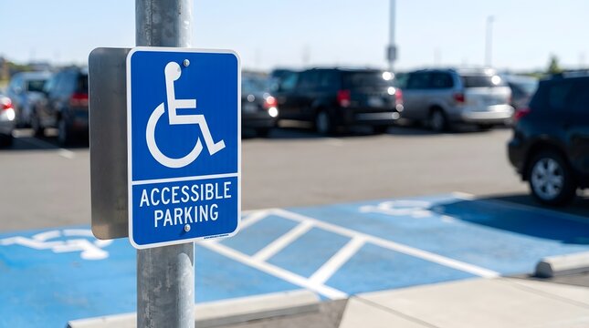 Blue metal accessible parking sign attached to a grey steel pole located in a busy outdoor public vehicle lot during a bright sunny summer day