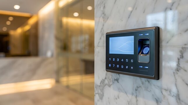 Modern electronic biometric fingerprint scanner mounted on a luxurious white marble wall providing high security access control for a professional office building interior entry point area