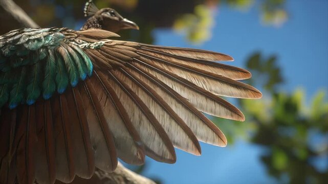 Close-up of bird's wing showing iridescent feathers and texture with blurred background