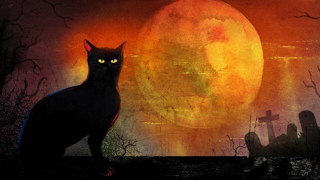 vector illustration painted Halloween background with black cat 