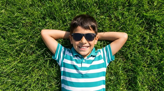 Happy young boy wearing black sunglasses lying on his back in vibrant green grass while smiling during a bright sunny day in the summer season
