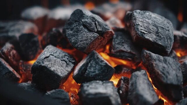 Close-up of glowing charcoal briquettes, showing texture and fiery embers beneath