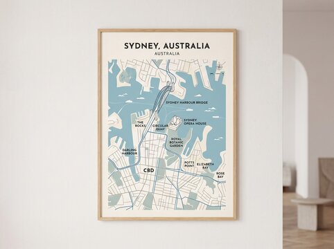 Sydney Australia Minimalist City Map Art Print in Light Wood Frame Hanging on White Gallery Wall Mockup