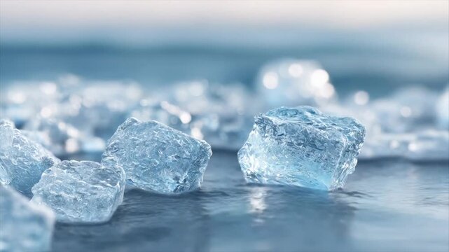 Close-up of ice cubes with a blurred background. Cubes are textured and translucent blue