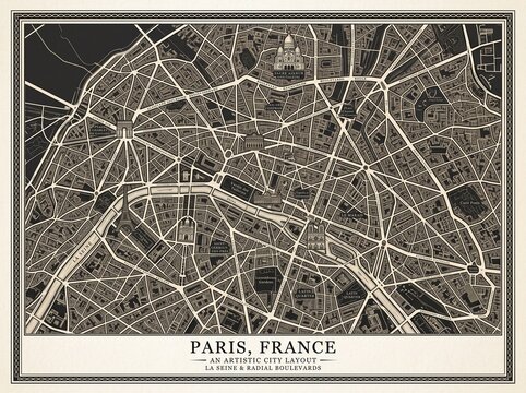 Paris France Artistic City Layout Vintage Map Print with Seine River and Radial Boulevards in Monochrome Retro Styling