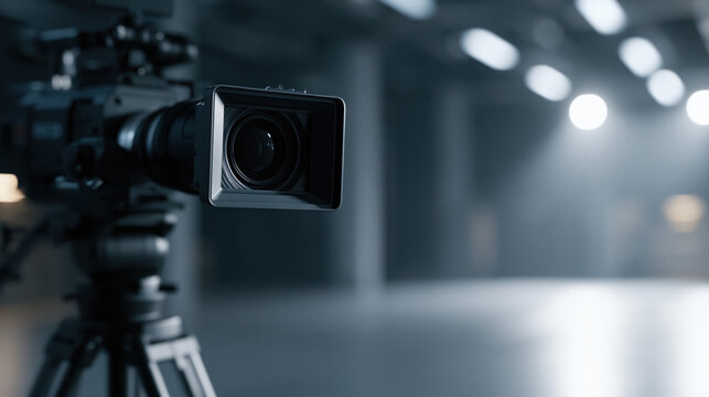 cinematic professional movie camera on tripod in premium dark film studio