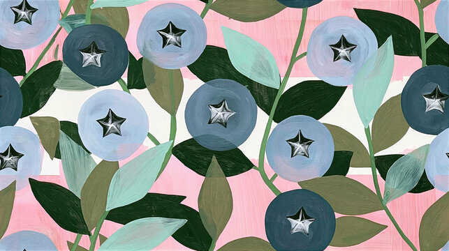 seamless blueberry botanical pattern with vibrant foliage on pink background