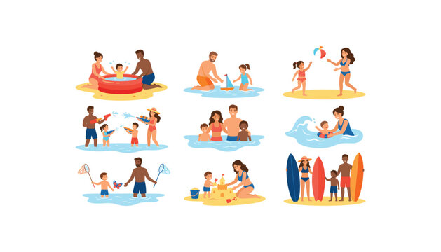Happy family summer beach vacation vector illustration bundle with parents and kids swimming surfing building sandcastle playing with water guns