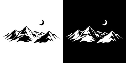 A serene mountain landscape under a crescent moon at night with snow-capped peaks. © irfan