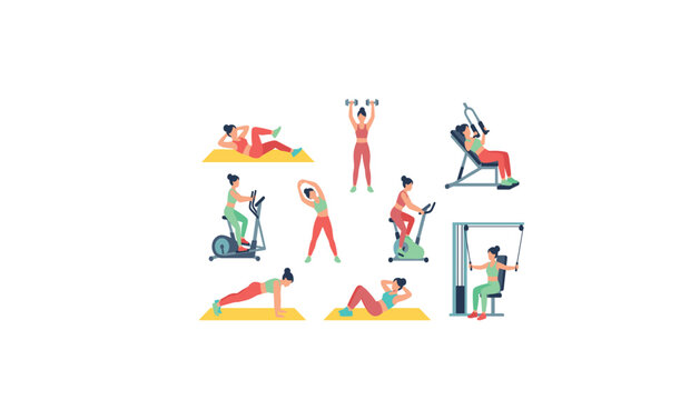 Women fitness and gym workout vector illustration bundle featuring characters training with dumbbells stationary bikes cable machines and mats