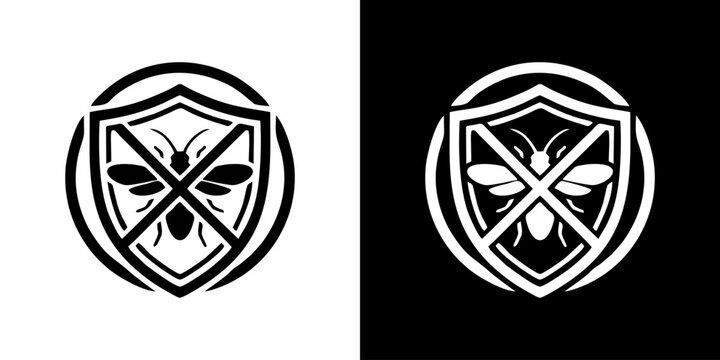 Shield logo with crossed objects and leaf elements on white and black backgrounds