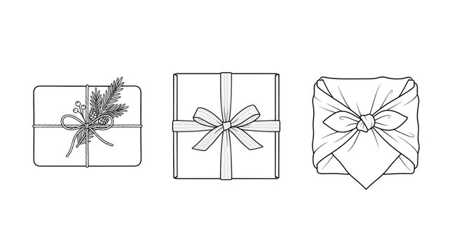 Three different styles of gift wrapping shown in line art