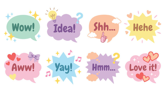 Set of colorful speech bubbles with words like wow, idea, shh, hehe, aww, yay, hmm, love it.
