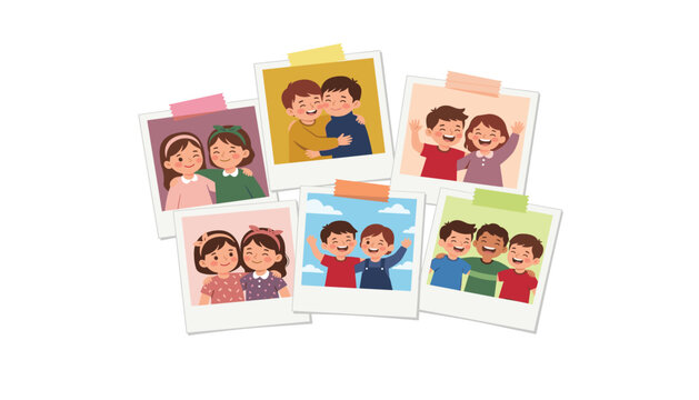 Cute polaroid instant photo frames collection with happy children friends hugging smiling and celebrating international friendship day vector illustration