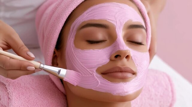 Enjoying a pink facial mask treatment at a spa in the afternoon with friends sharing tips and laughing together