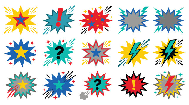 Explosion blast shapes set with colorful comic stars and question marks for pop art design.