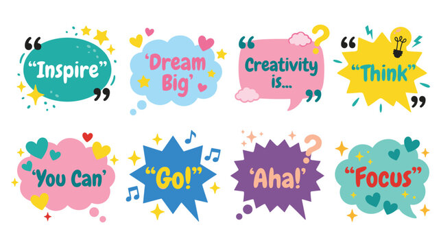 Inspirational quote bubbles featuring creative words like inspire dream big creativity think.