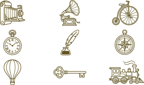 Collection of vintage travel and lifestyle including a camera, gramophone, penny farthing bicycle, pocket watch, quill, and steam train