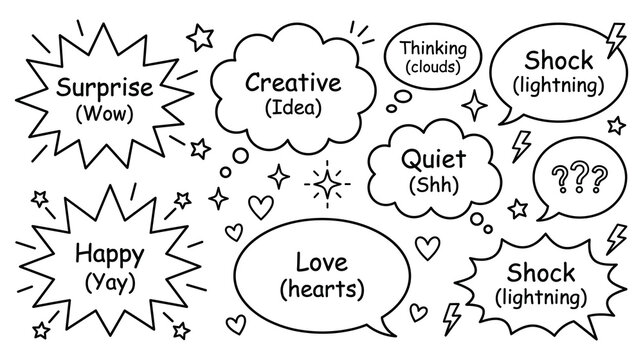 Set of doodle speech bubbles with various emotions and expressions for graphic design work.