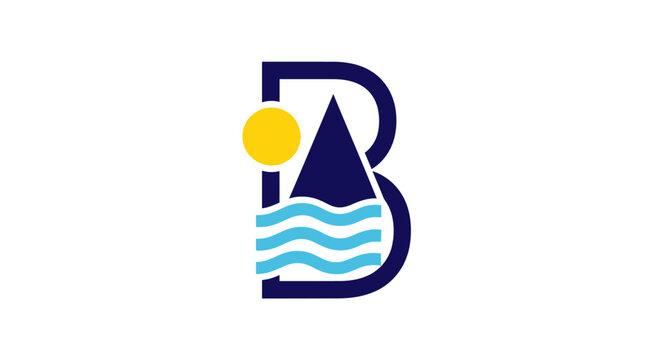 Letter B logo with mountain sun and ocean waves.