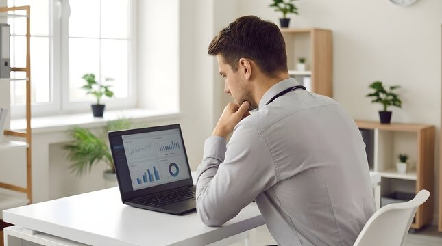 Young professional businessman sitting at his desk while thoughtfully analyzing important financial charts and complex data trends displayed on the screen of his modern black laptop