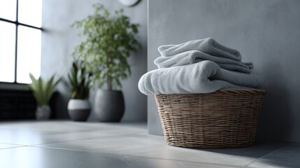 Fototapeta premium Fresh folded towels in wicker basket on modern bathroom floor