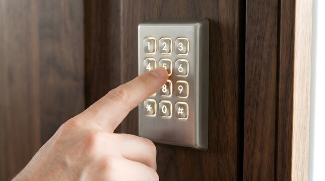 A person pressing the number five button on a sleek metallic electronic keypad installed on a dark brown wooden door to gain secure home access