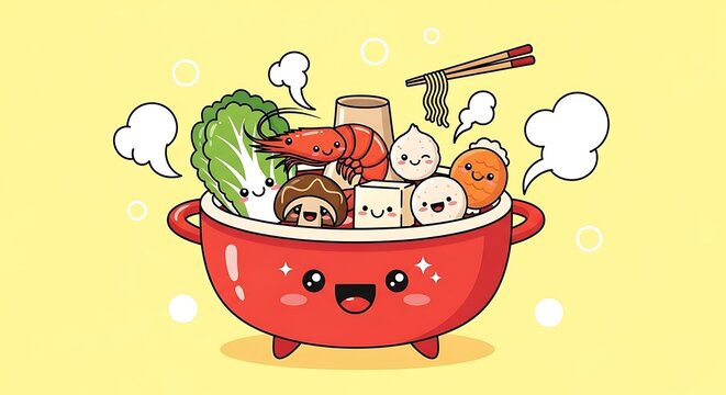 Cute cartoon pot with vegetables and utensils.
