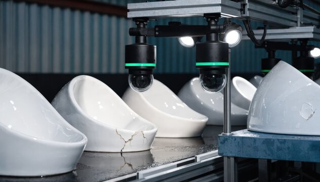Close medium view of smart vision system reviewing sanitaryware items for cracks and flaws enhancing manufacturing efficiency with realtime defect classification.