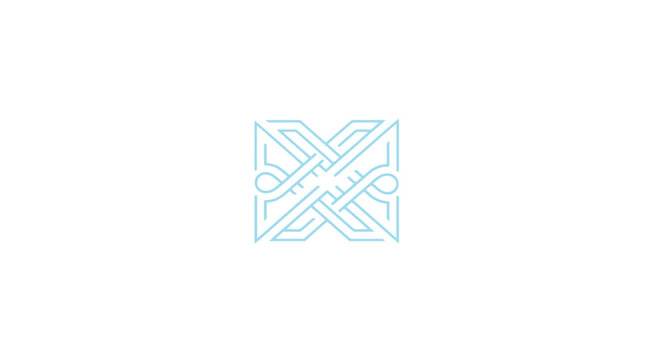 Blue geometric lattice braid pattern logo.