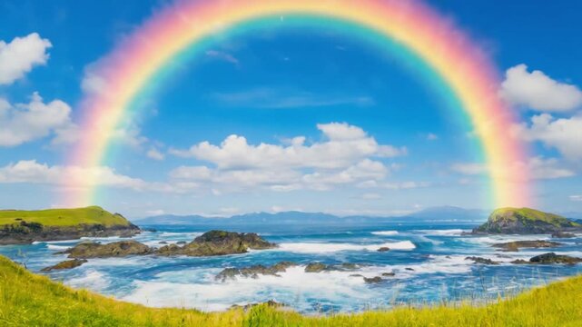 Coastal Landscape Elementsripe Rainbow Arch Over Ocean Waves at Sunny Shore