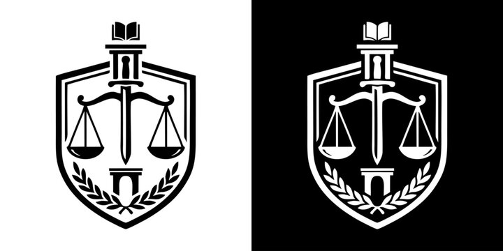 Legal scales of justice emblem, emblem of justice on a shield with a torch and laurel wreath, symbolizing law, fairness, and legal pursuit