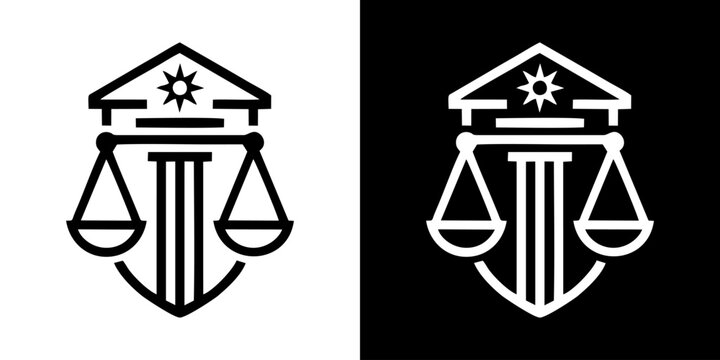 Law firm logo template featuring scales of justice, classic pillar, and shield emblem vector set