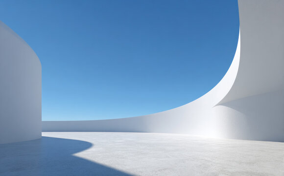 A minimalist white architectural structure with smooth curves under a clear blue sky, showcasing modern design and empty space.
