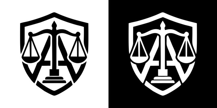 Law firm letter A logo emblem with scales of justice and shield icon set
