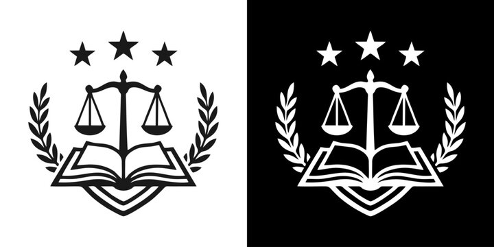 Law and justice logo emblem featuring scales, open book, and stars in black and white