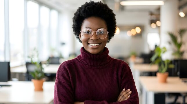 Confident young black woman with curly hair wearing stylish round glasses and a soft maroon sweater posing inside a modern office space with bright natural lighting