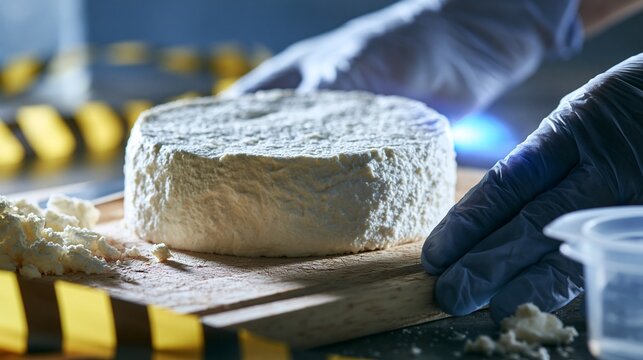 A close-up of soft ricotta-style cheese on a kitchen cutting board, with caution tape, gloved hands, and a sterile test dish nearby; tense mood, cool overhead lighting, tight macro composition.