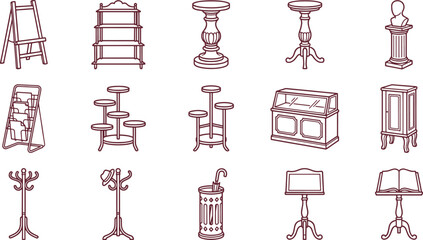 Naklejka premium Assortment of linear showing various furniture pieces like easels, tiered display stands, pedestals, glass cabinets, coat racks, and umbrella bins